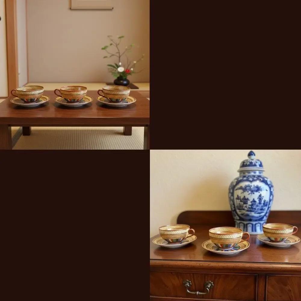 Antique Japanese 1000 Faces Porcelain Tea Cups & Saucers-Set of 3-Art Deco-Asian